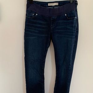 ASOS dark wash skinny maternity jeans. Stretchy under belly band style